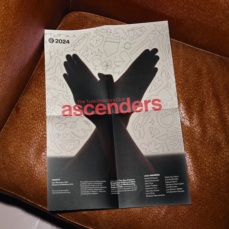 A poster promoting a typography event held by the Type Directors Club in NYC, featuring hands in the shape of a dove and many unique doodles