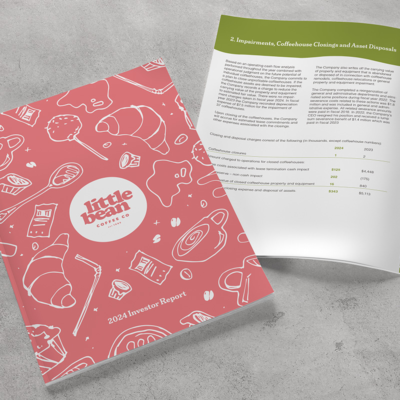 The front cover and one spread of Little Bean Coffee Co's annual report