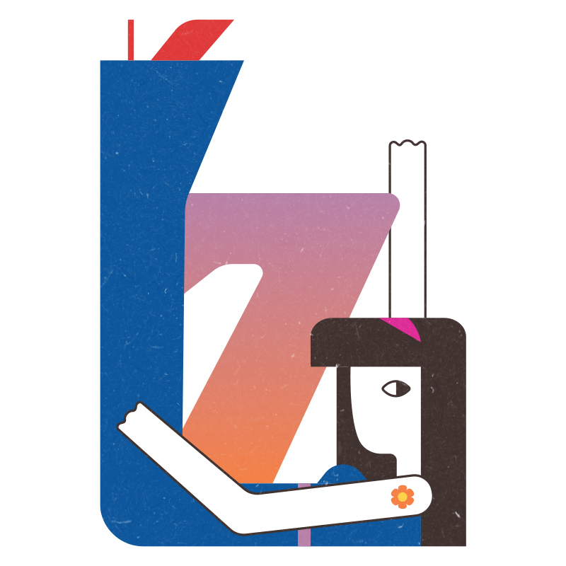 An illustration of a person with brown hair and blue jumpsuit laying on their back with their legs in the air