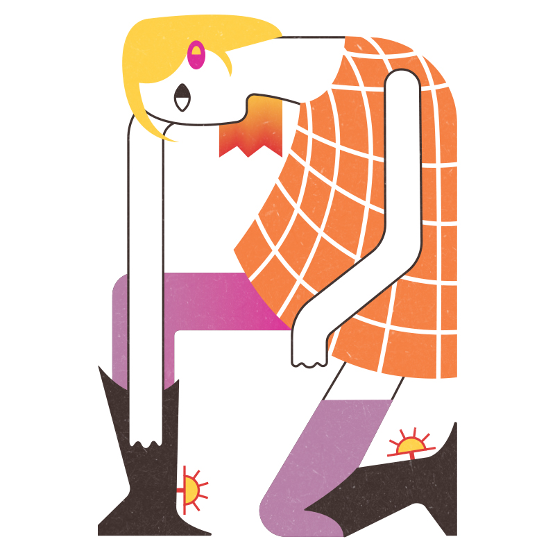 An illustration of a person with blonde hair kneeling in cowboy boots