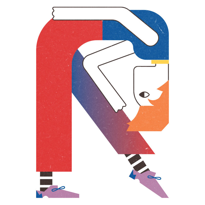 An illustration of a person with orange hair and red pants leaning over and holding their leg