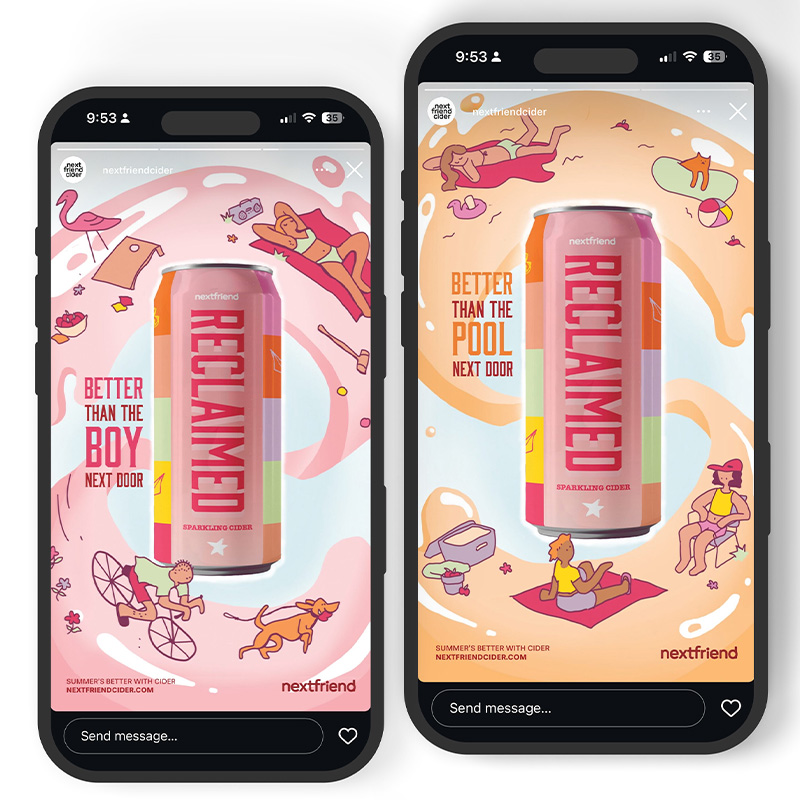 An illustrative ad promoting Next Friend's Reclaimed cider mocked up on a print publication ad