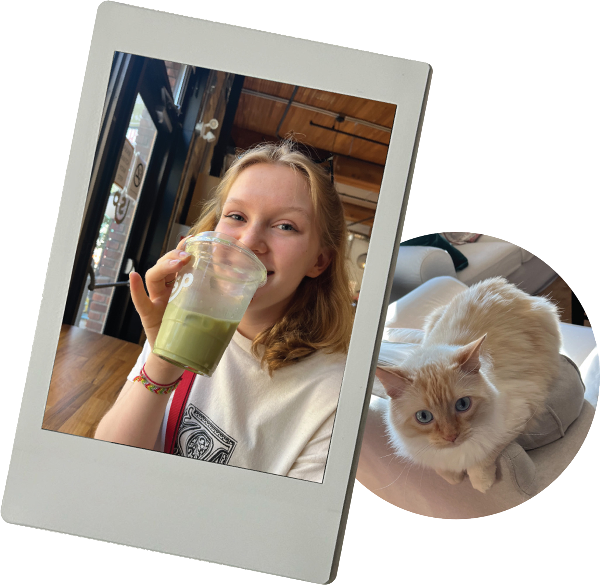A polaroid photo of McKenna in a coffee shop, along with a photo of her flamepoint siamese cat
